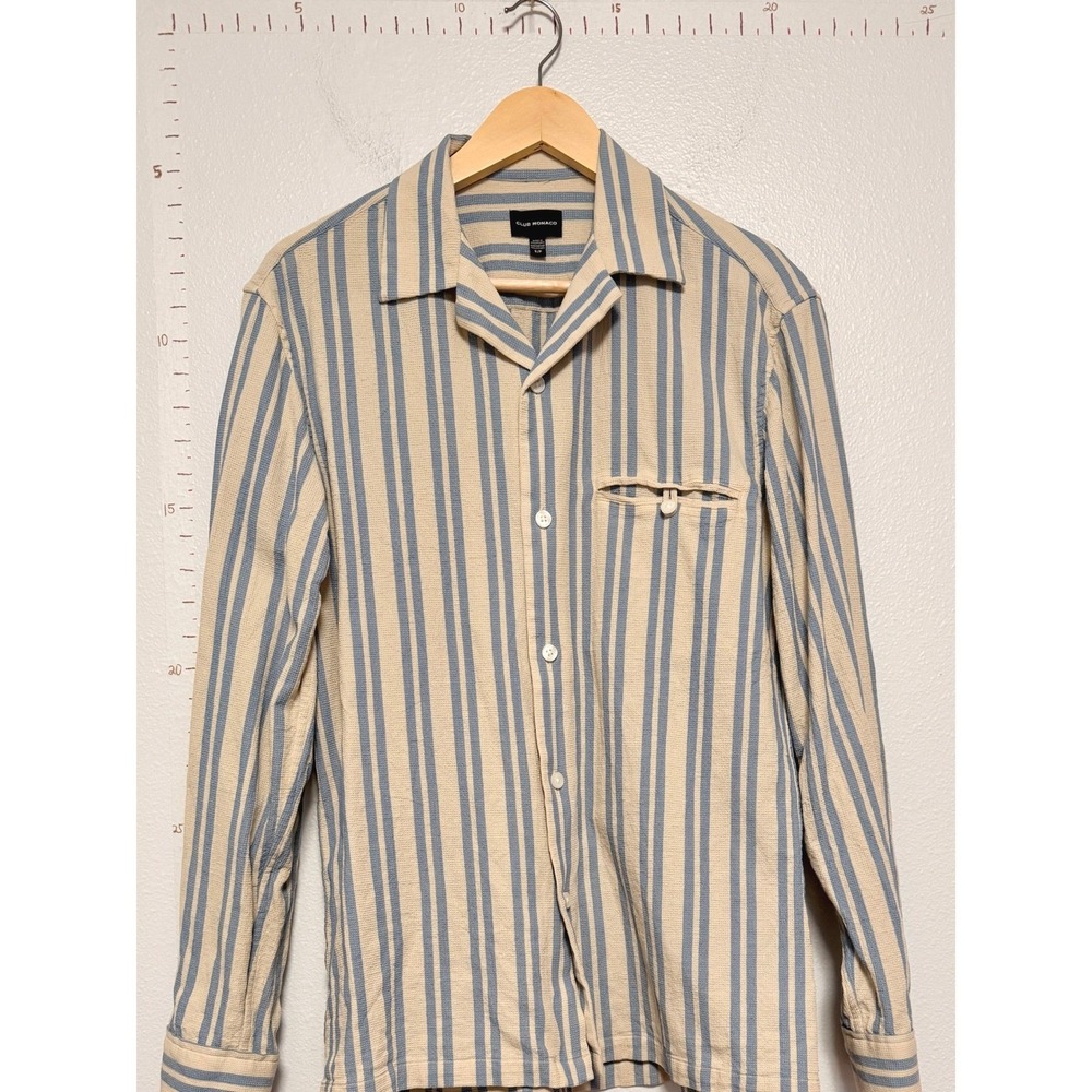 Club Monaco Button Up Shirt Mens S Beige Blue Striped Waffle Knit Camp Collar